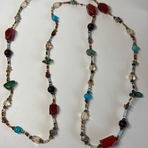 40” Long Multicolor Glass Bead Necklace Silver Tone Spacers No Clasp Boho